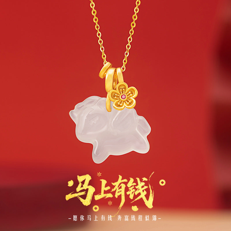 Immediately Rich Flower Sterling Silver 925 Necklace Female National Tide White Agate Birth Year Clavicle Chain Zodiac Horse Flower Pendant