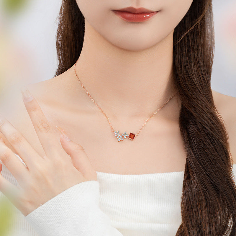 Lucky Clover Sterling Silver 925 Necklace Women's Fashion Versatile Red Agate Clavicle Chain Ins Style Flower Pendant