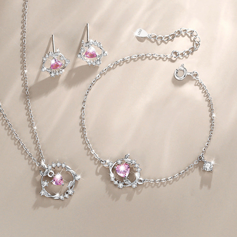 Lovely Sterling Silver 925 Necklace Female Niche Design Light Luxury Pink Zircon Clavicle Chain Get Things Ins Flower Pendant