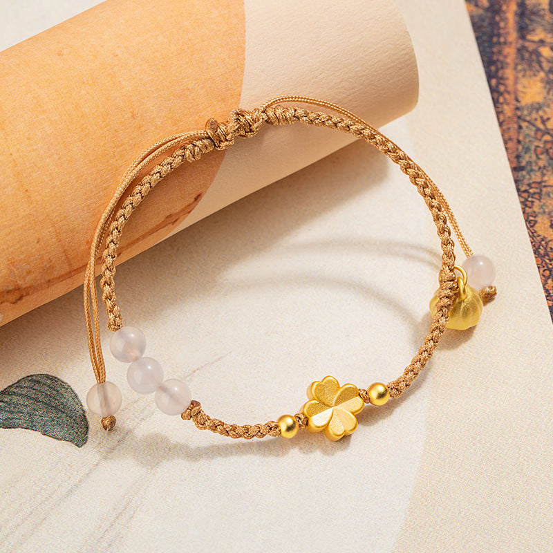 Lucky Clover Pure Silver 999 Chalcedony Women's Bracelet New Chinese National Fashion Lotus Bracelet Ins Style Flower Bracelet