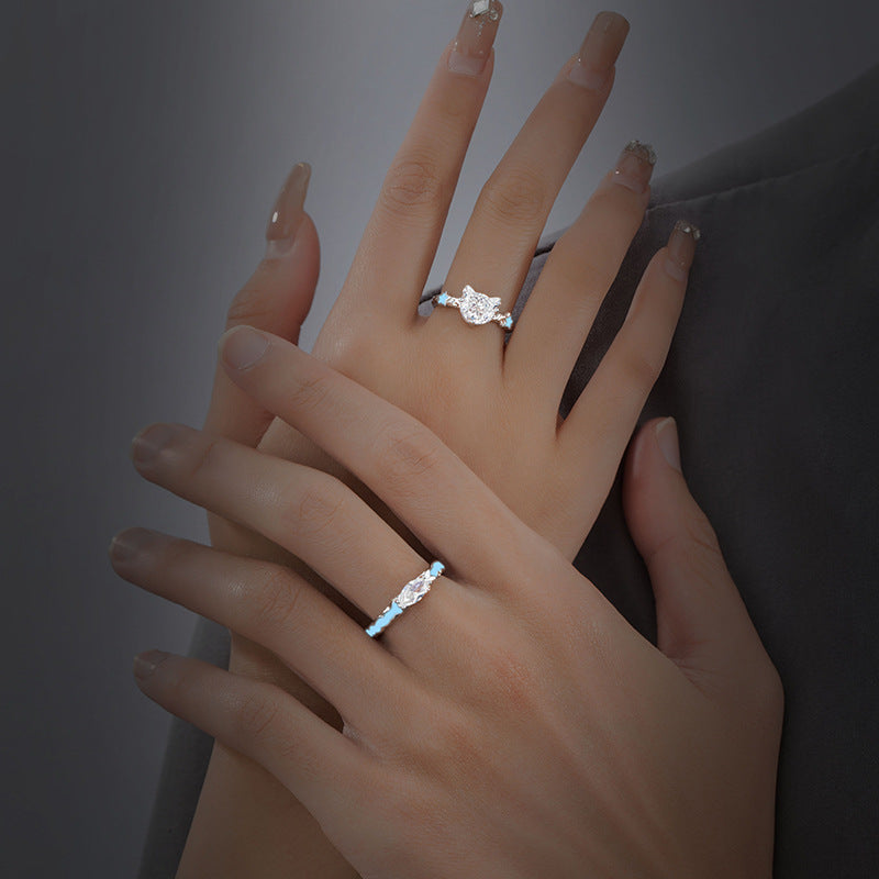 Fox 999 Pure Silver Luminous Couple Ring Men's and Women's Light Luxury High-Grade Zircon Ring Ins Wind Star Ring