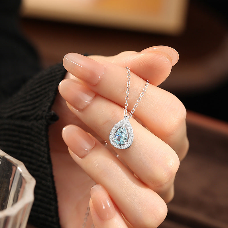 Blue Tears S925 Sterling Silver Necklace Women's Light Luxury Pear-Shaped Water Drop Zircon Clavicle Chain Valentine's Day Confession Birthday Gift