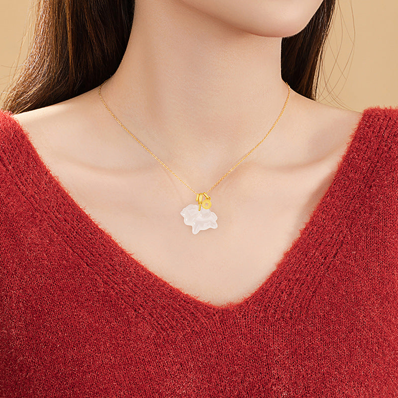 Immediately Rich Sterling Silver 925 Necklace Women's New Chinese Style Birth Year White Agate Copper Coin Clavicle Chain Zodiac Horse Pendant