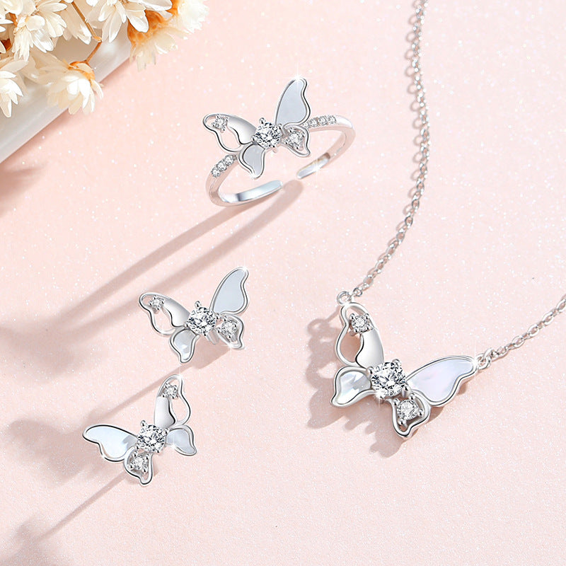 Butterfly Sterling Silver 925 Ring Female Niche Design Light Luxury Zircon Ring Girlfriends Same Ins Style Shell Ring