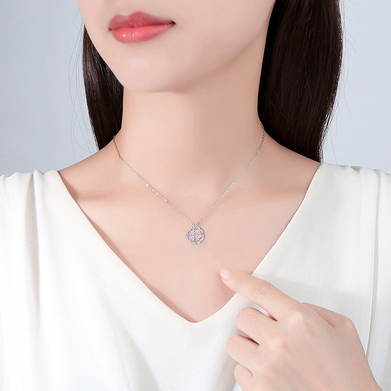 Lucky Clover Sterling Silver 925 Necklace Women's Fashion All-Match Magnetic Clavicle Chain Get Things Ins Style Love Pendant