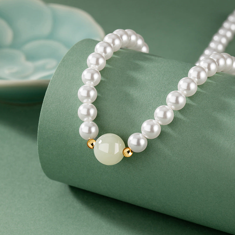 Hetian Jade Sterling Silver 925 Necklace Women's Light Luxury High-Grade Shijia Pearl Clavicle Chain Ins Mother's Day Gift Pendant