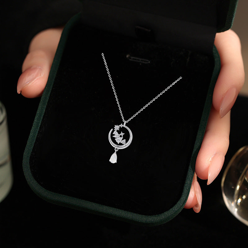 S925 Silver Necklace Water Drop White Agate Pendant Light Luxury High-Grade Star Moon Clavicle Chain Niche All-Match Girlfriend Gift