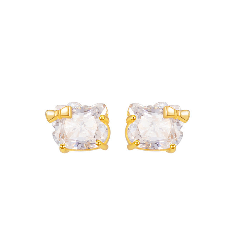 Lucky Cat Sterling Silver 925 Stud Earrings Female Niche Design Light Luxury Bow Zircon Earrings Ins Style Earrings