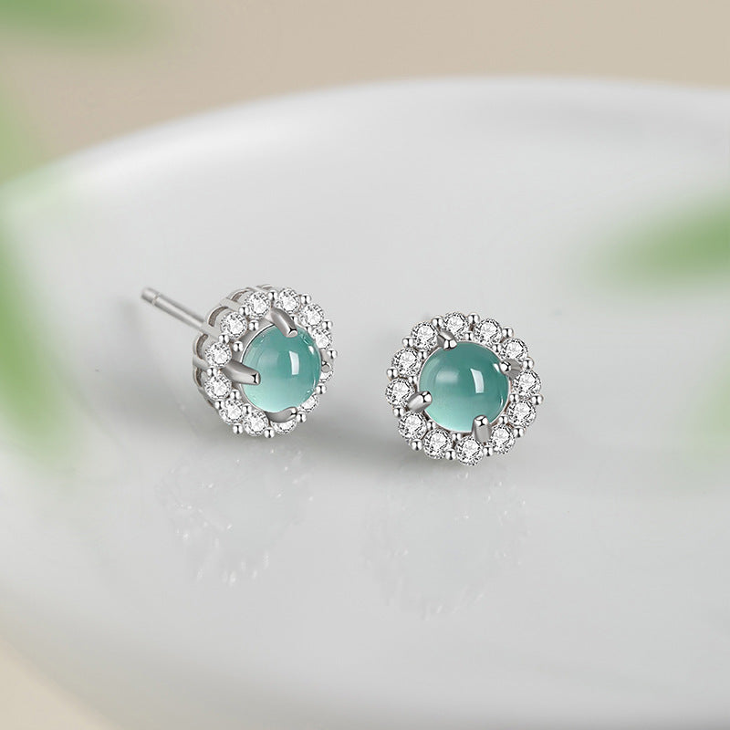 Sunflower Sterling Silver 925 Stud Earrings Women's Light Luxury High-Grade Natural Blue Water Dangerous Jade Earrings Ins Flower Earrings