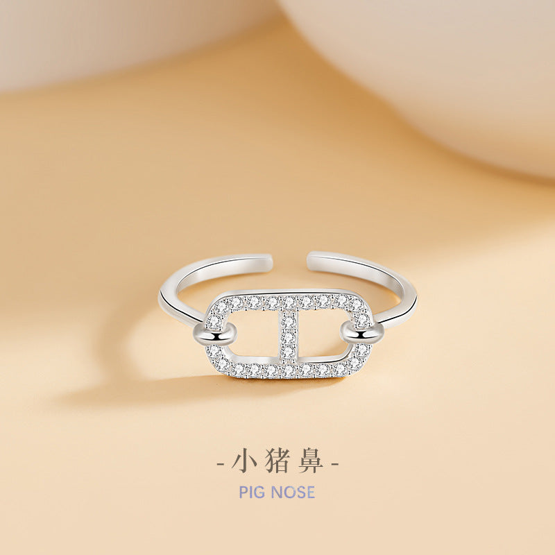 Pig Nose Sterling Silver S925 Ring Women's Light Luxury Fashion Versatile Zircon Ring Ins Style Small Square Candy Bracelet