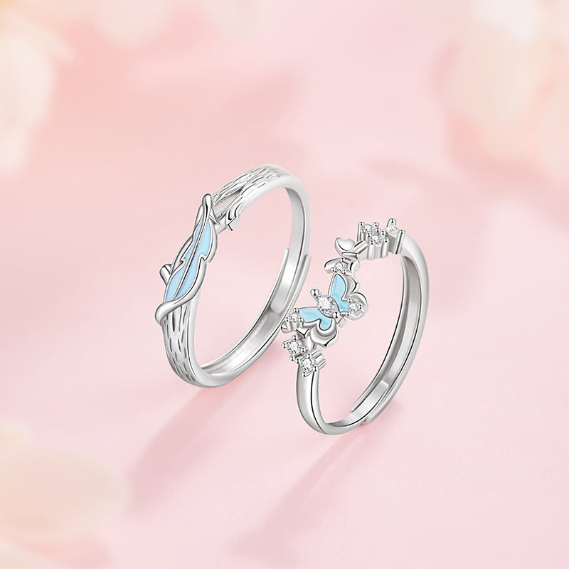 Yu You Accompany Sterling Silver 925 Luminous Couple Ring Light Luxury High-Grade Feather Ring Ins Style Butterfly Ring