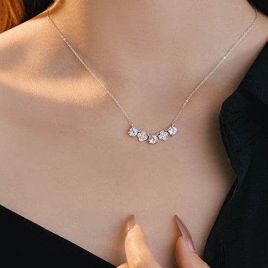 Lucky Clover Sterling Silver 925 Necklace Female Niche Design Light Luxury Star Zircon Clavicle Chain Flower Pendant