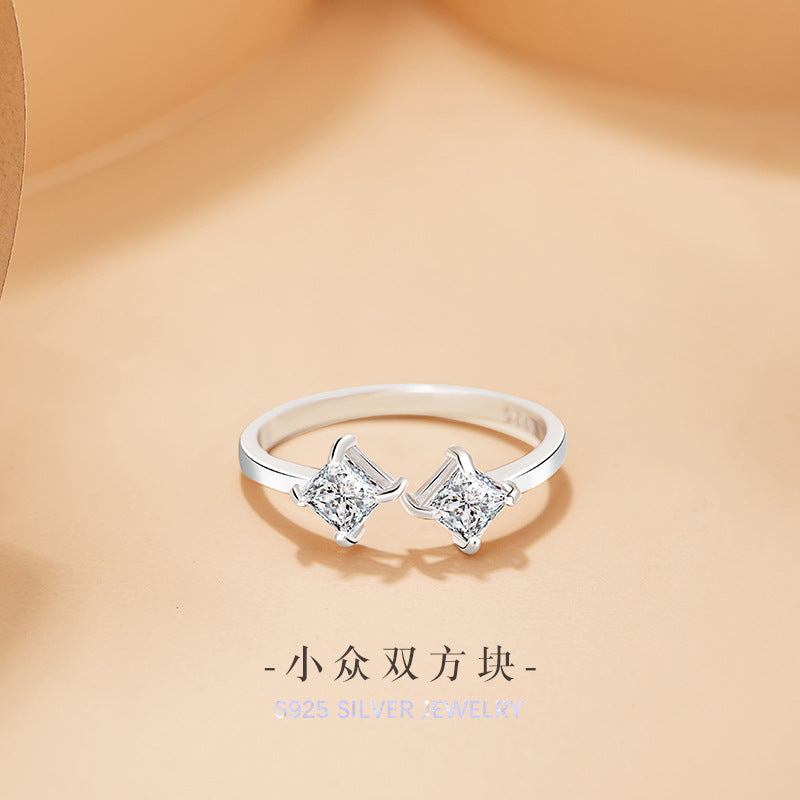 Small Square Sugar Sterling Silver 925 Necklace Female Niche Design Light Luxury Zircon Star Ring Ins Style Square Ring