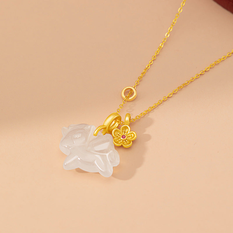 Immediately Rich Flower Sterling Silver 925 Necklace Female National Tide White Agate Birth Year Clavicle Chain Zodiac Horse Flower Pendant