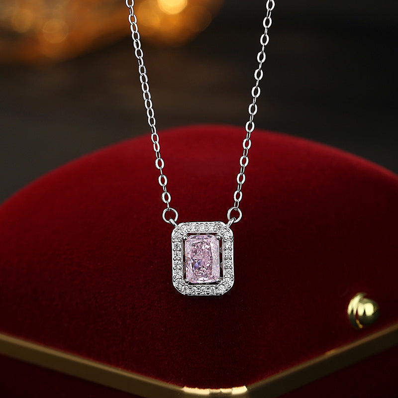 New S925 Sterling Silver Necklace Women's Light Luxury Square Sugar Diamond Gentle Wind Clavicle Chain Valentine's Day Confession Birthday Gift