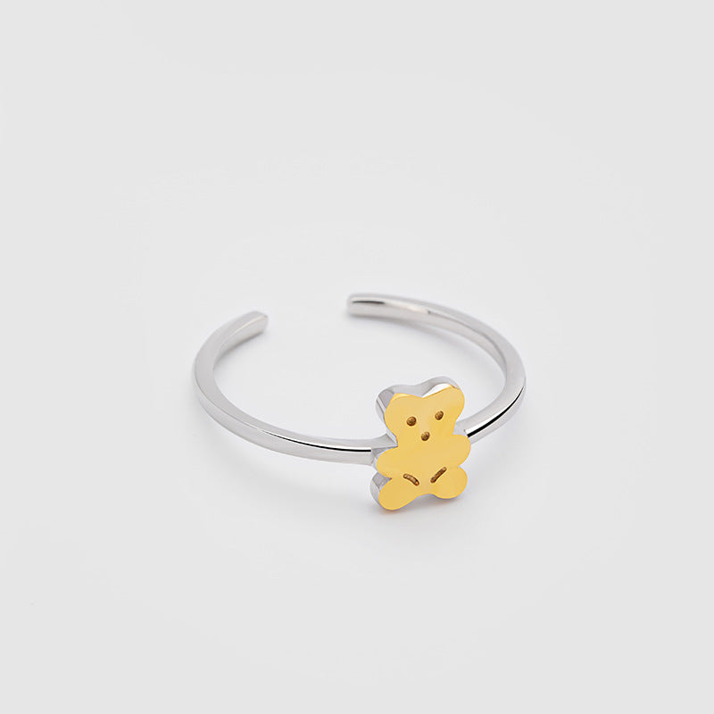 Teddy Bear Sterling Silver 925 Open Ring Female Niche Design Light Luxury Glossy Ring Ins Cute Cute Bear Ring