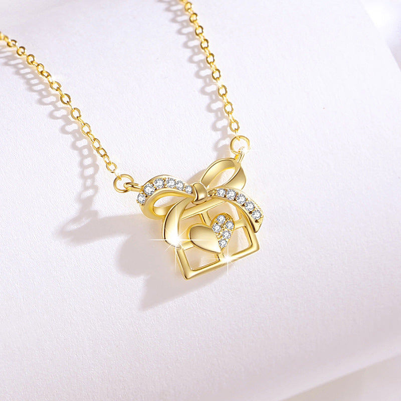 Bowknot Sterling Silver 925 Necklace Women's Fashion Versatile Square Sugar Clavicle Chain Qixi Gift Ins Style Love Pendant