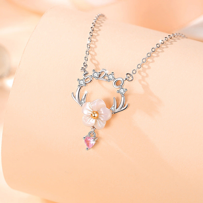 Cherry Blossom Sterling Silver 925 Necklace Female Niche Design Light Luxury Antler Clavicle Chain 520 Valentine's Day Love Pendant