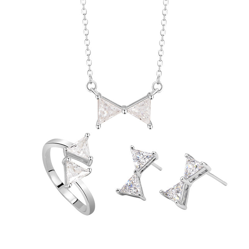 INS Style Lover Knot Three-Piece Set S925 Sterling Silver Necklace Stud Earrings Ring Triangle Flash Diamond Valentine's Day Simple Jewelry