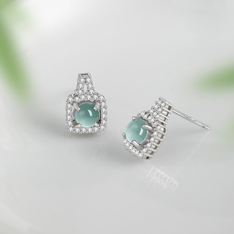Square Sugar Sterling Silver 925 Stud Earrings Female Niche Design Light Luxury Natural Dangerous Material Blue Water Jade Earrings Ins Style Earrings