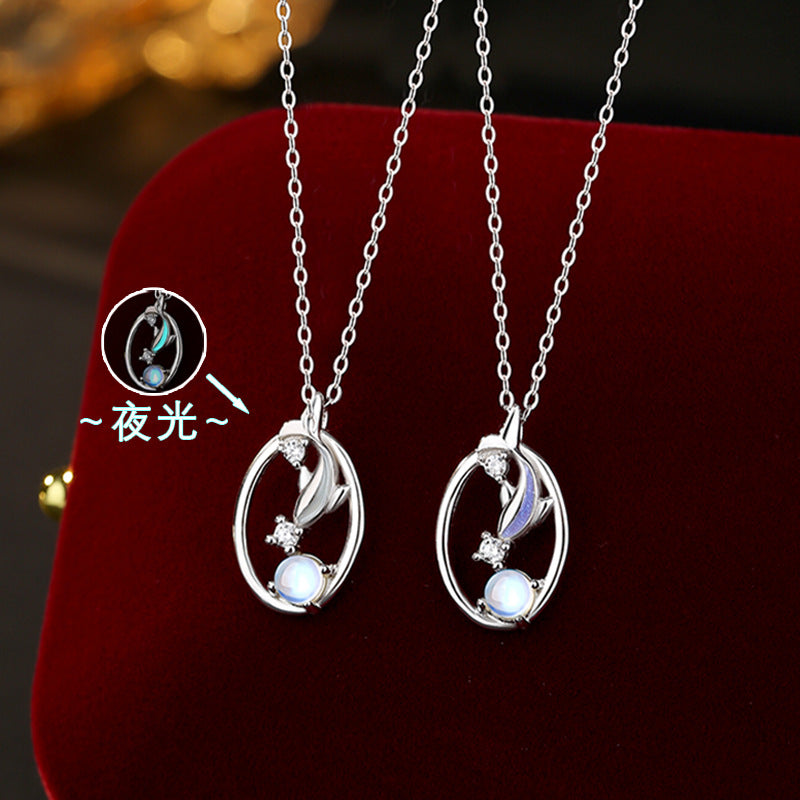 New Necklace S925 Sterling Silver Dreamy Whale Moonstone Enamel Craft Luminous Fishtail Lover Ring Gift Accessories