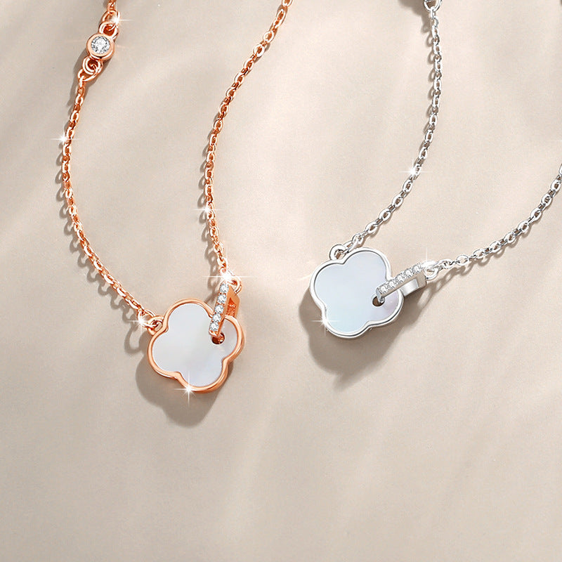 Lucky Clover Sterling Silver 925 Necklace Women's Fashion All-Match Zircon Clavicle Chain Goods Ins White Fritillary Pendant