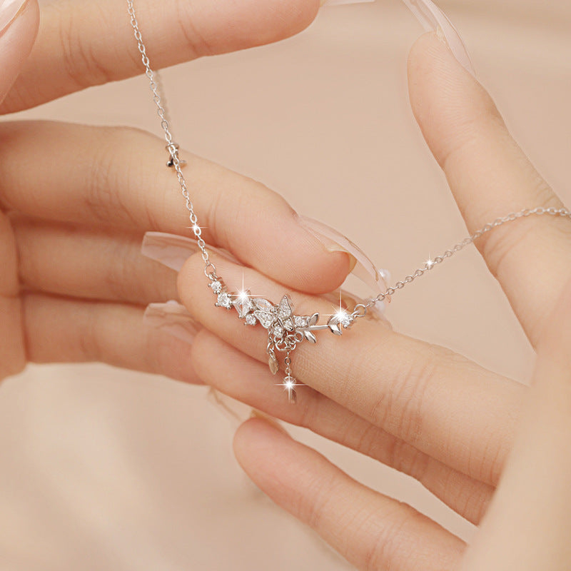 Butterfly Sterling Silver 925 Necklace Female Personality Fashion Versatile Zircon Clavicle Chain Ins Delogistics Su Flower Pendant