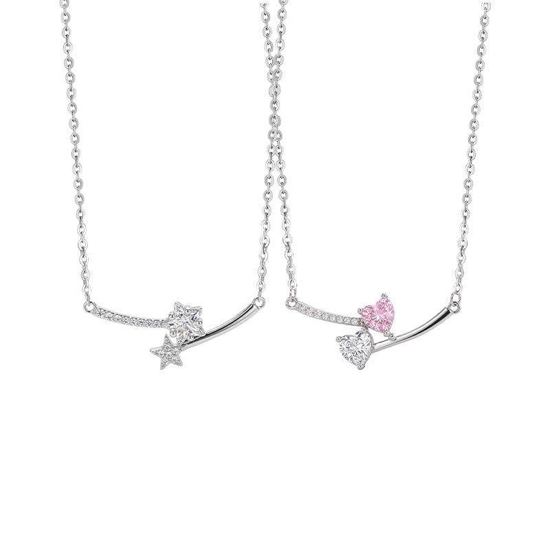 S925 Sterling Silver Necklace Pink and White Zircon Love Meteor Niche Design Sense Clavicle Chain Ins Style Girl Heart Gift