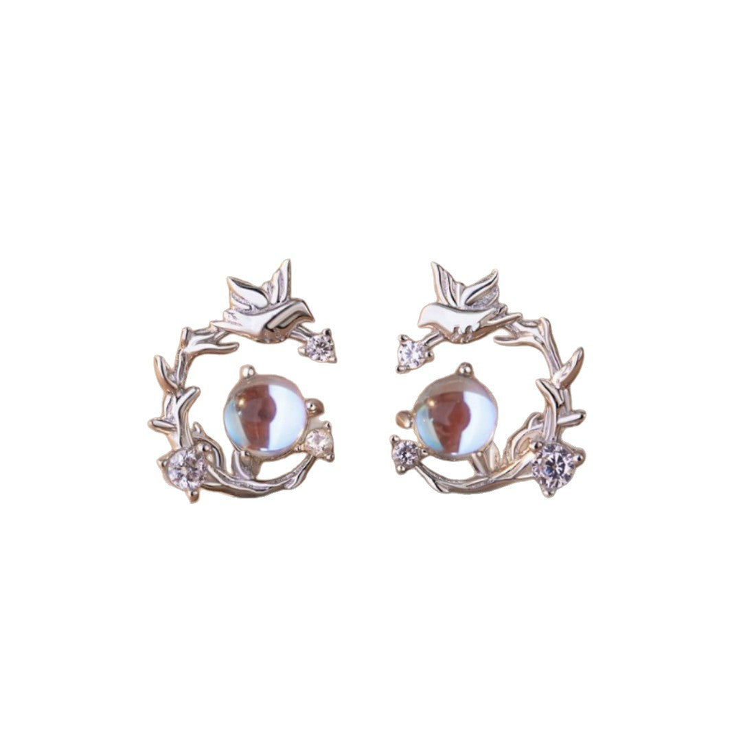 Blue Eucalyptus and Bird Sterling Silver 925 Stud Earrings Female Niche Design Light Luxury Zircon Earrings Ins Little Red Book Garland Earrings