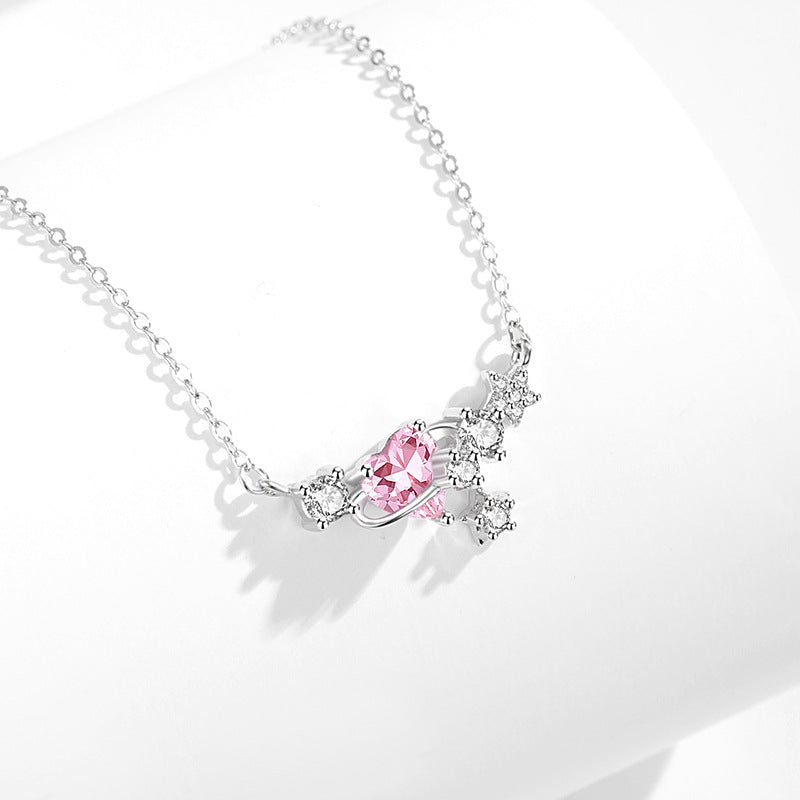Planet Sterling Silver 925 Necklace Female Cute Light Luxury Sweet Style Pink Zircon Star Clavicle Chain Ins Love Pendant