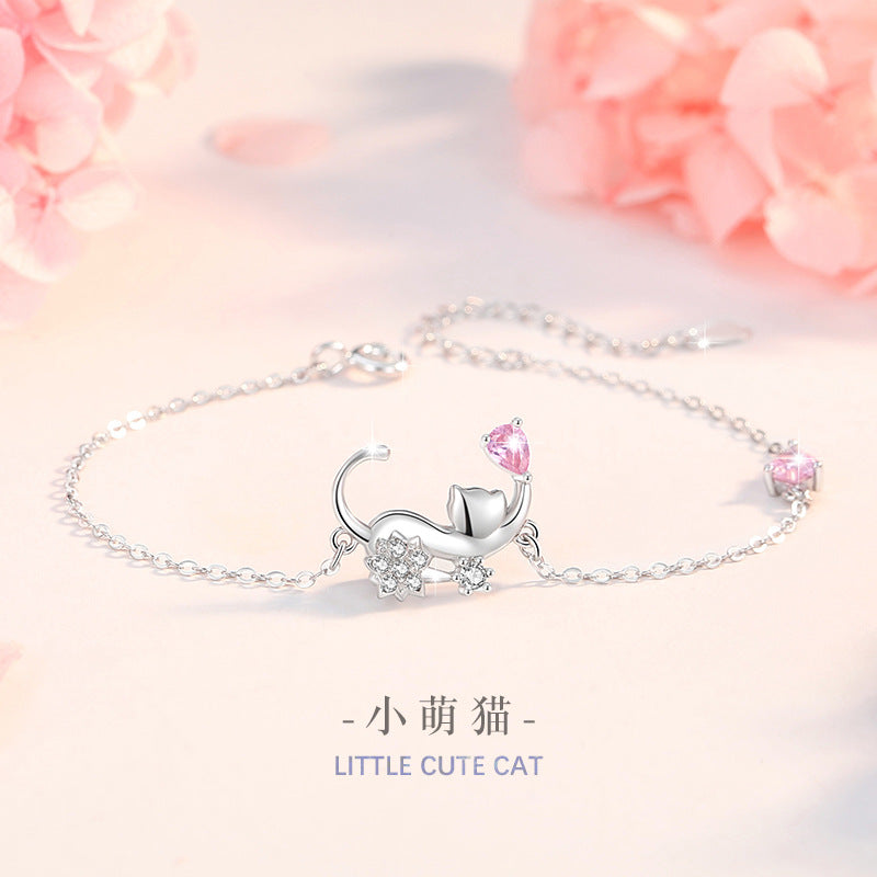 Cute Cat Sterling Silver 925 Bracelet Female Niche Design Light Luxury Pink Diamond Bracelet Valentine's Day Gift Ins Cat Bracelet