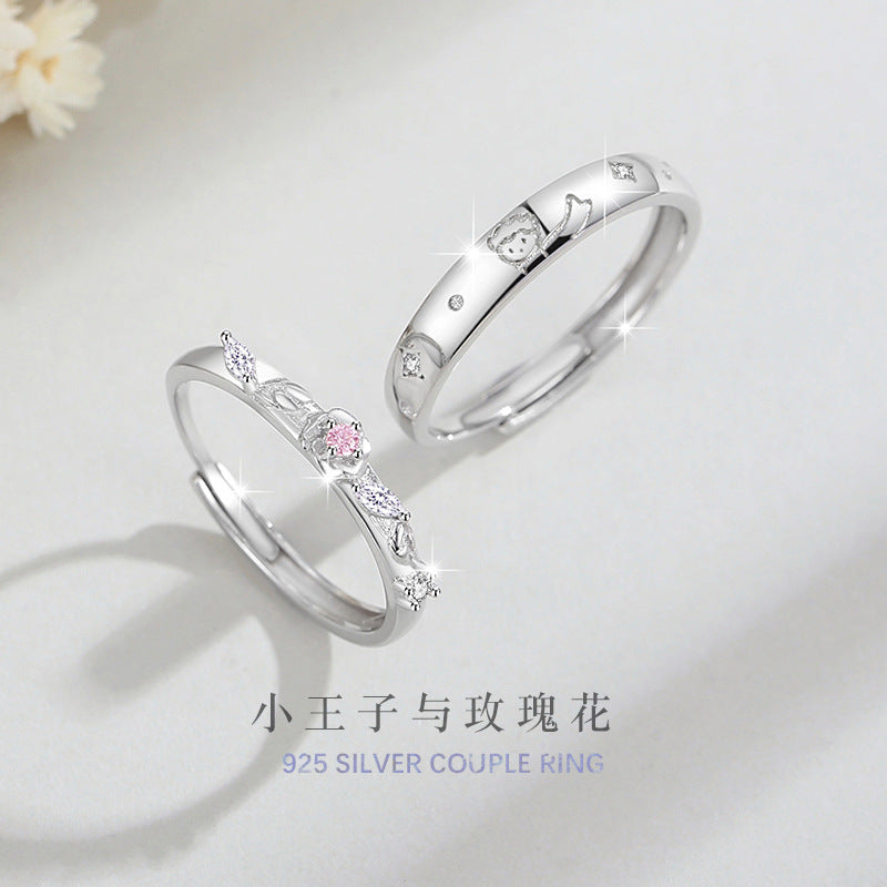 Little Prince and Rose Sterling Silver 925 Couple Ring Men and Women Fashion All-Match Pink Diamond Ring Star Pair Ring