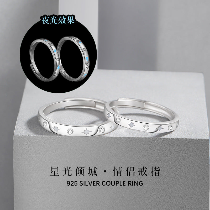 Starry Sky Sterling Silver 925 Luminous Couple Ring Fashion Versatile Star Ring Ins Valentine's Day Gift Pair Ring