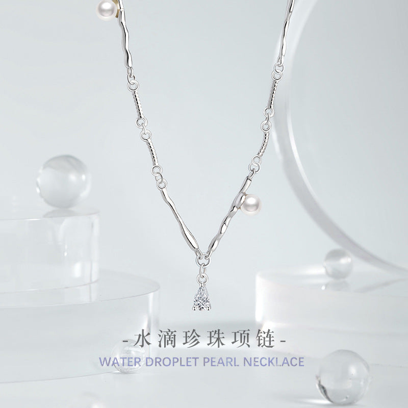 Lava Water Drop Sterling Silver 925 Necklace Women's Light Luxury High-Grade Shijia Pearl Sweater Chain Ins Style Zircon Pendant