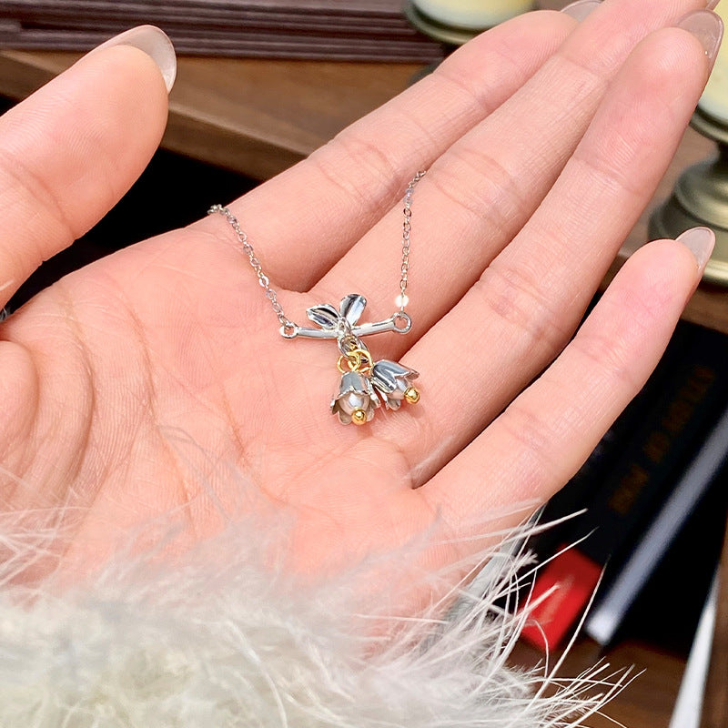 S925 Sterling Silver Orchid Butterfly Necklace Female Mori Freshwater Pearl Light Luxury Clavicle Chain Niche Jewelry Wholesale
