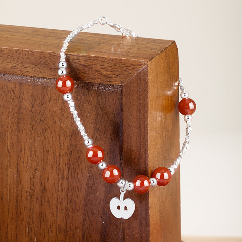 Women's Two Sterling Silver 925 Bracelet with Broken Silver, Light Luxury, High-Grade Christmas Eve Apple Bracelet, Red Agate Christmas Bracelet