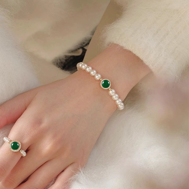 Natural Freshwater Pearl Sterling Silver 925 Necklace Light Luxury High-Grade Green Chalcedony Clavicle Chain Mother's Day Gift Pendant