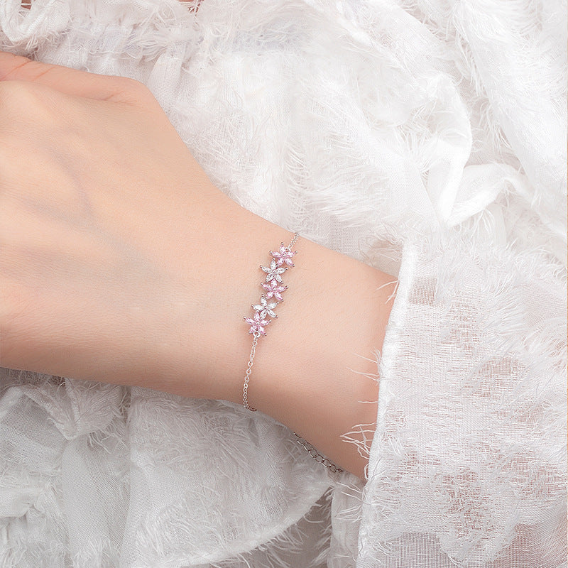INS Style S925 Sterling Silver Necklace Bracelet Female Pink Zirconium Flower Set Niche Light Luxury Gift for Girlfriend Valentine's Day Gift