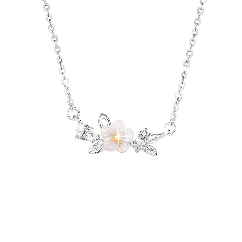 Cherry Blossom Sterling Silver 925 Necklace Women's Fashion All-Match Butterfly Zircon Clavicle Chain, INS Style Flower Pendant