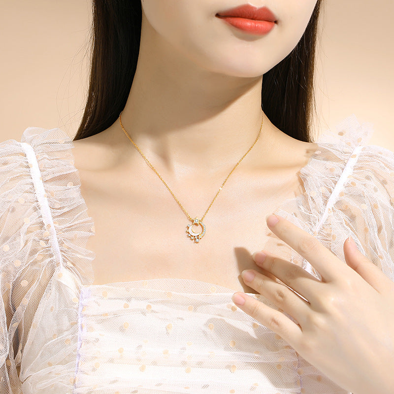 Moon Sterling Silver 925 Necklace Female Niche Design Light Luxury White Fritillary Clavicle Chain Ins Style Star Zircon Pendant