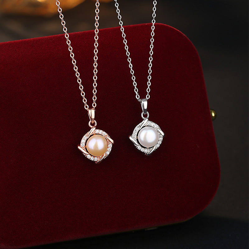 S999 Pure Silver Necklace Women's Rotating Windmill Freshwater Pearl Pendant Clover Light Luxury Temperament Gift Jewelry Wholesale