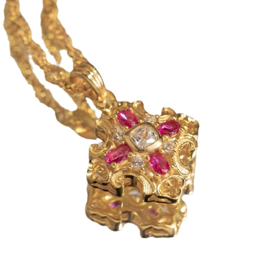 Cross Sterling Silver 925 Necklace Mid-Ancient Court Buqi Style Zircon Clavicle Chain Light Luxury High-Grade Square Sugar Pendant