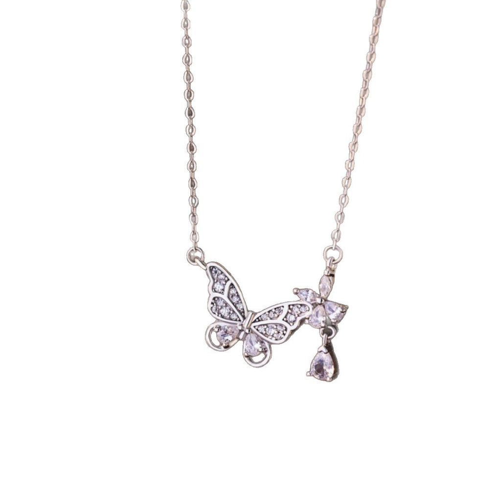 Butterfly Pure Silver 999 Necklace Female Niche Design Light Luxury Flower Zircon Clavicle Chain Small Red Book Same Pendant