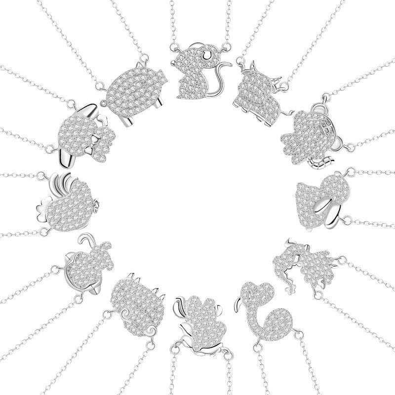 Twelve Zodiac Pure Silver 999 Necklace Niche Design Light Luxury Snake Year Zircon Clavicle Chain Ins Birth Year Pendant
