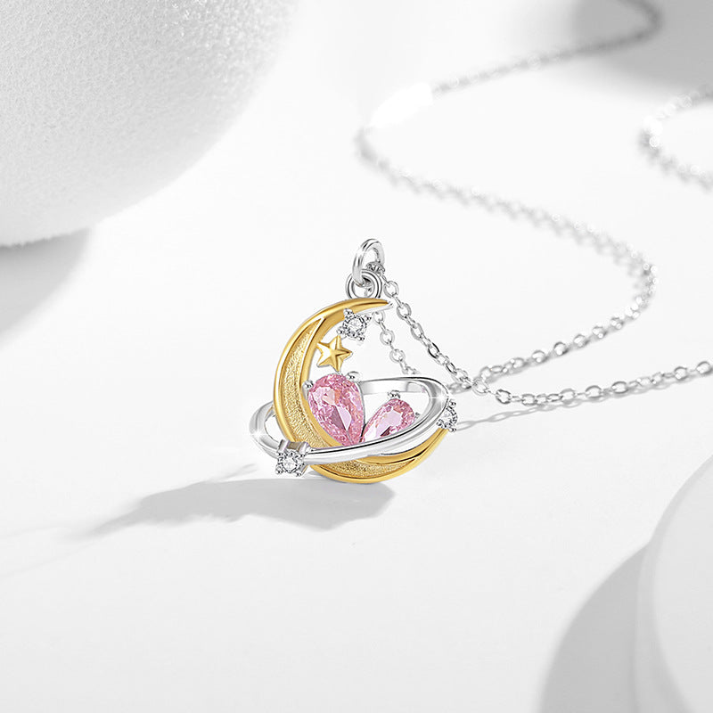 Star Moon Sterling Silver 925 Necklace Female Niche Design Light Luxury Planet Pink Diamond Clavicle Chain Ins Love Pendant