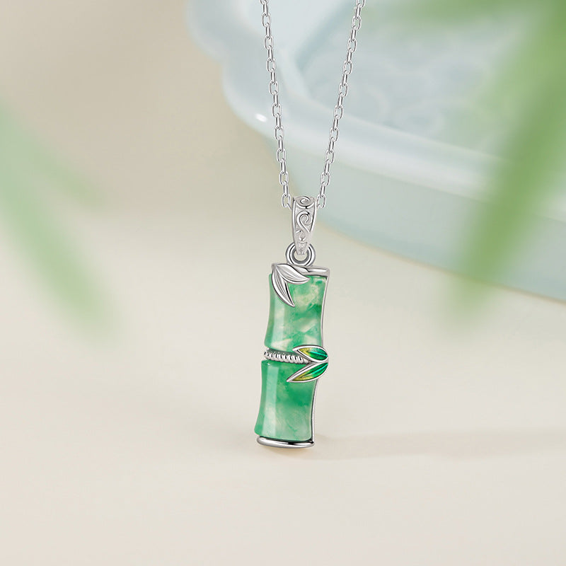 High-Rise Sterling Silver 925 Necklace Women's New Chinese Style Natural Jade Bamboo Clavicle Chain Ins Style Bamboo Pendant