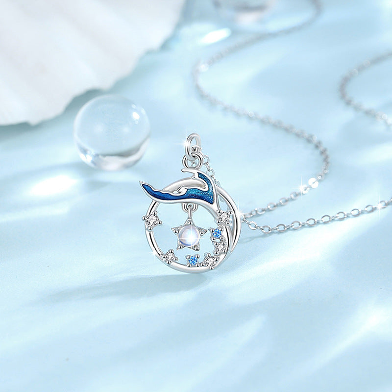 Fishtail Sterling Silver 925 Couple Necklace Men and Women Fashion All-Match Glass Stone Clavicle Chain Get Things Ins Star Pendant