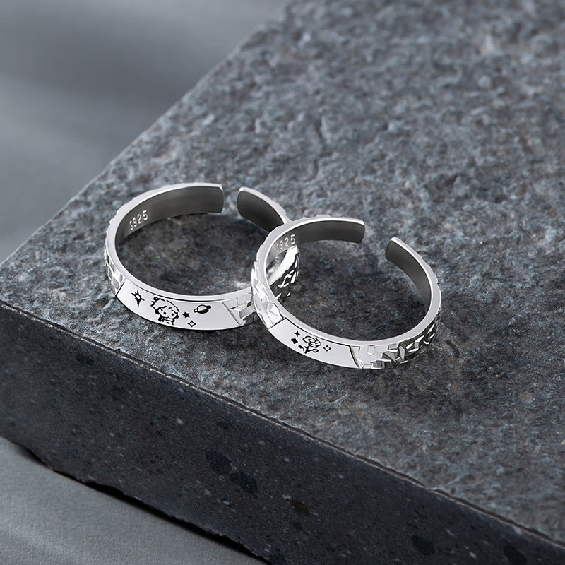 Little Prince and Rose Sterling Silver 925 Couple Ring Light Luxury High-Grade Star Ring Ins Broken Ice Ring