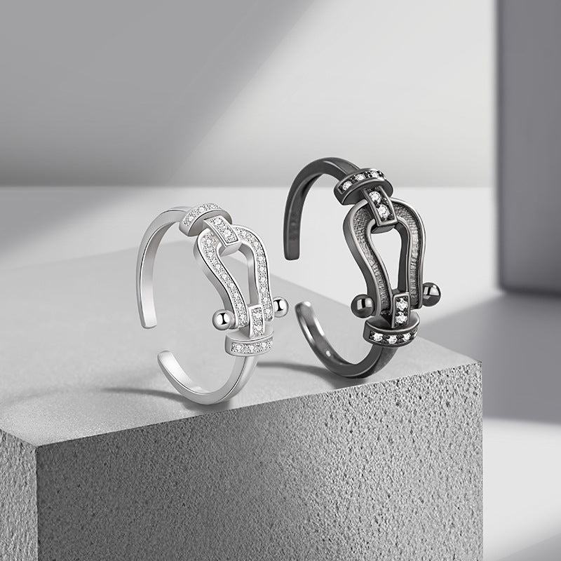 Horseshoe Buckle Sterling Silver 925 Couple Ring Fashion Versatile Zircon Navigation Buckle Ring Ins Style Double Ring Pair Ring