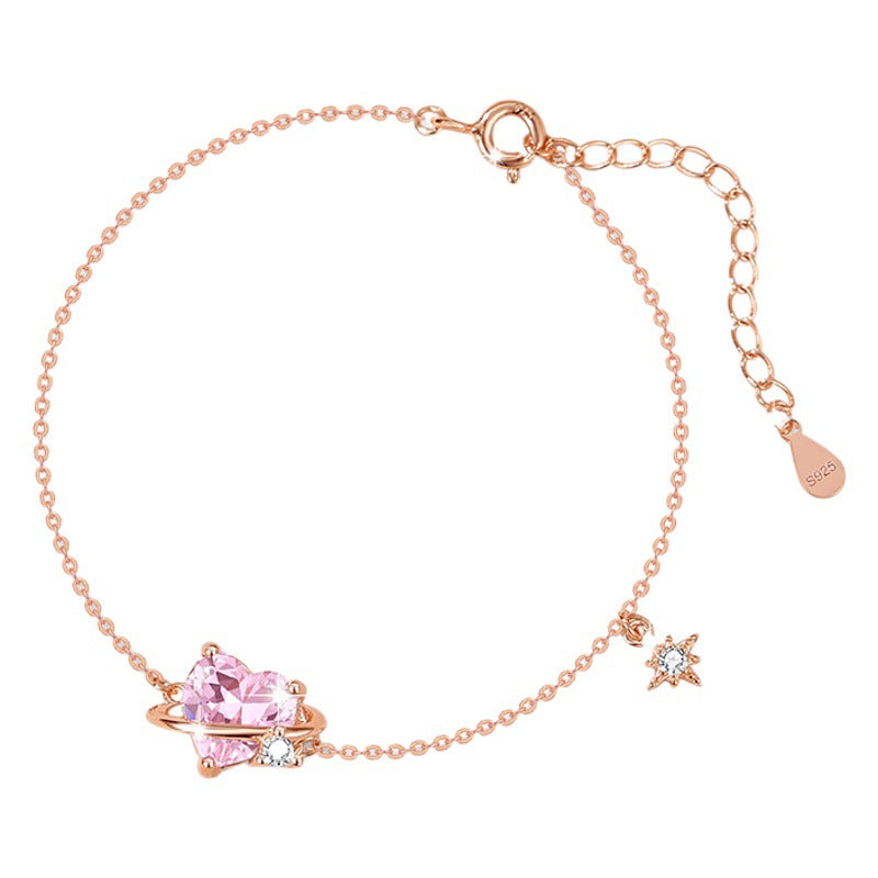 Planet Sterling Silver 925 Bracelet Female Niche Design Light Luxury Pink Diamond Bracelet Get Things Ins Style Love Zircon Bracelet